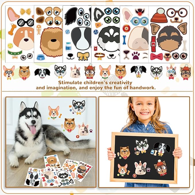 122Pcs Dog Party Favors Gift Set for Kids Dog Birthday Party Supplies Include 12 Dog DIY Face Stickers 12 Dog Bags 12 Keychains 12 Bracelets 50 Stickers for Puppy Party Favors