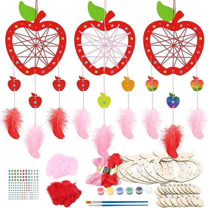 Fennoral 6 Pack Apple Dream Catcher Craft Kit for Kids Paint You Own Dream Catcher DIY Coloring Wooden Back to School Art and Craft for Classroom Art Activity First Day of School Decoration