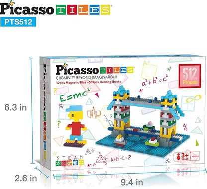 PicassoTiles 512 PCs Grand Playset Magnetic Tiles and Building Block Combo Creative Buildings & Figures Such as Bridges Hearts Unique Characters & More Educational STEM Toys Learning Activity Ages 3+