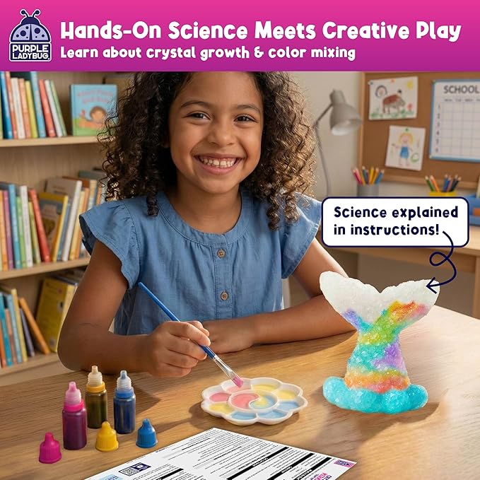 PURPLE LADYBUG Crystal Growing Kit for Kids - All-in-One Educational Gifts for Girls 8-12 Years Old, Crystal Making Experiment, Mermaid Theme STEM Kit for Girls, Fun Science Activity for Kids
