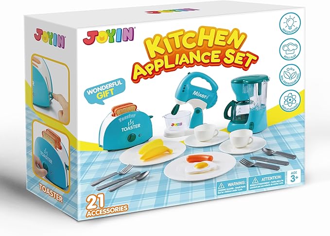 Joyin Play Kitchen Toys, Pretend Play Kitchen Appliances Toy Set with Coffee Maker, Mixer, Toaster with Realistic Lights& Sounds, Birthday Gift for Kids Ages 2 3 4 5, Blue