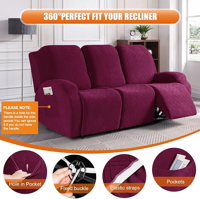 VANSOFY Recliner Cover, 3-Pieces Stretch Reclining Couch Covers with Pockets Reclining Sofa Slipcovers 3 Seater Soft Washable Furniture Protector for Dogs Cats(Burgundy)