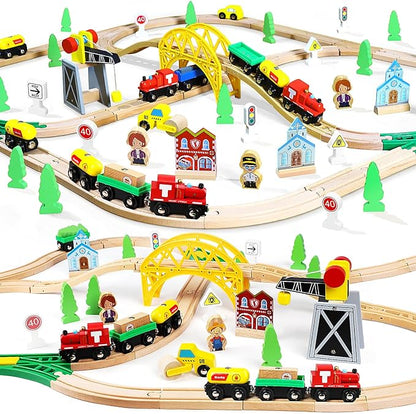 TOY Life Train Set 60pcs Wooden Train Set with Crane, Wooden Train Tracks Toy Train Set for Toddlers 3 4 5, Wooden Toys Toddler Train Set Gift for Kids 4-8, Fits Thomas Brio Melisa Train Track Set
