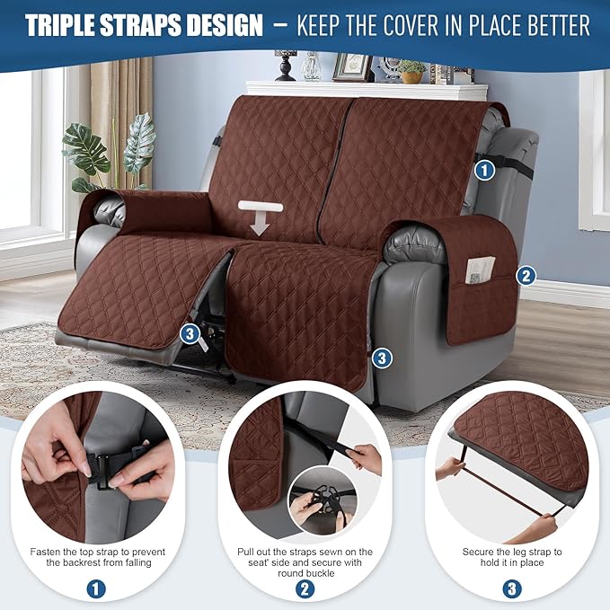 TAOCOCO 100% Waterproof Recliner Covers, Recliner Sofa Covers with Leg Straps, Reversible Recliner Couch Cover for Reclining Chair, Washable Couch Protector for Pets Kids(2 Seater, Coffee)