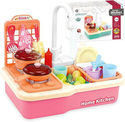 Play Kitchen With Running Water For Toddlers, Toy Kitchen Playset With Electric Faucet For Boys And Girls, Kids Pretend Play Sink With Cooking Stove, Pot, Pan, Play Food, Best Christmas Birthday Gifts