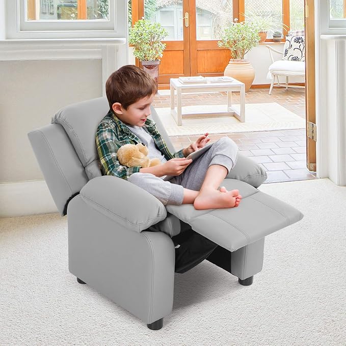 Kids Recliner, Leather Lounge Chair w/Footrest, Armrest, Headrest & Lumbar Support, Ergonomic Toddler Sofa Armchair for Boys Girls (Gray)