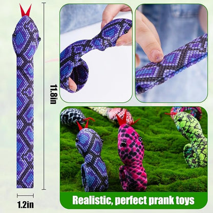Shindel 10PCS Snake Slap Bracelets, Stuffed Snap Bands Reptile Snap Bracelets Fuzzy Animal Bracelet for Birthday Party Favors Halloween 10 Assorted Designs