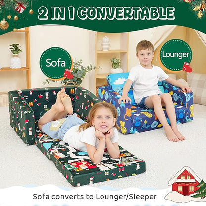 MallBest 2-in-1 Kids Christmas Sofa, Comfy Toddler Couch Bed, Baby's Upholstered Chair Sleepover Kid Couch Flipout Open Recliner for Bedroom