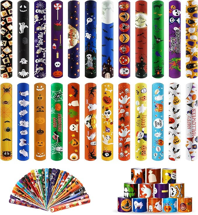 Halloween Slap Bracelet For Kids,48Pcs Halloween Party Favors, Halloween Decorations Gifts Bracelet Decorations Outdoor, Halloween Prizes Snap Bracelets Bulk Decor,Halloween Favors for Kids,Boys,Girls