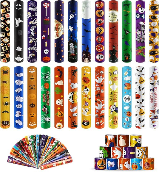 Halloween Slap Bracelet For Kids,48Pcs Halloween Party Favors, Halloween Decorations Gifts Bracelet Decorations Outdoor, Halloween Prizes Snap Bracelets Bulk Decor,Halloween Favors for Kids,Boys,Girls