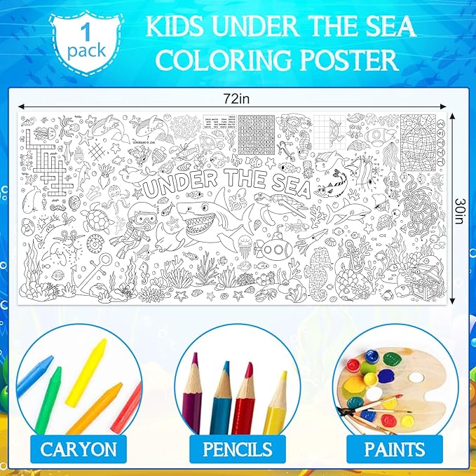 Under The Sea Large Coloring Poster for Kids 30 x 72 Inch, Ocean Animals Giant Coloring Paper Tablecloth, Sea Themed Color-in Activities Games for Kids School Classroom Home Party Supplies Decorations