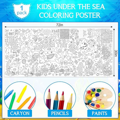 Under The Sea Large Coloring Poster for Kids 30 x 72 Inch, Ocean Animals Giant Coloring Paper Tablecloth, Sea Themed Color-in Activities Games for Kids School Classroom Home Party Supplies Decorations