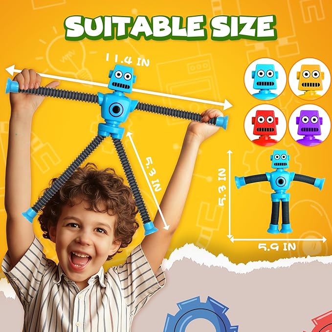 Robot Sensory Travel Toys 4Pcs for Toddlers Kid Boy Year Old Ages 3 4 5 6 7 8 9,Airplane Activities Suction Autism Pop Tube Fidget Toys Autistic Stocking Easter Basket Stuffer Valentine Gift for Kids