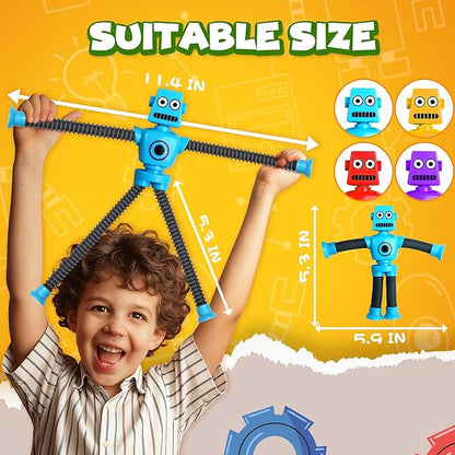 Robot Sensory Travel Toys 4Pcs for Toddlers Kid Boy Year Old Ages 3 4 5 6 7 8 9,Airplane Activities Suction Autism Pop Tube Fidget Toys Autistic Stocking Easter Basket Stuffer Valentine Gift for Kids