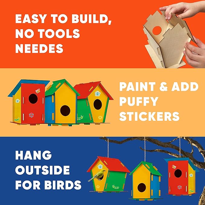 Birdhouse Kit - 15 Unfinished Wood Bird Houses for Children to Paint - Wood Craft Project Kits for Kids - Wooden Arts & Craft for Girls & Boys