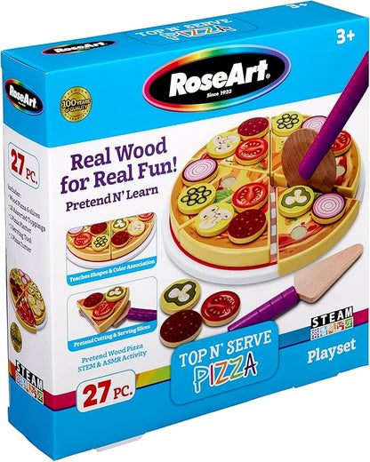 RoseArt Top n' Serve Wood Pizza Parlor Play Set 27pc Pretend Play Kitchen Gift, for Toddlers Ages 3 and Up