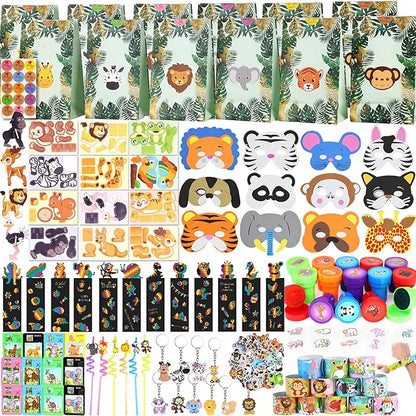 158PCS Jungle Safari Party Favors Set – Wild Animals Goodie Bag Stuffers, Masks, Straws, Stamps, Keychains, Gift Bags, Assembly Toys for Kids Birthday Party, Boys & Girls Party Favors