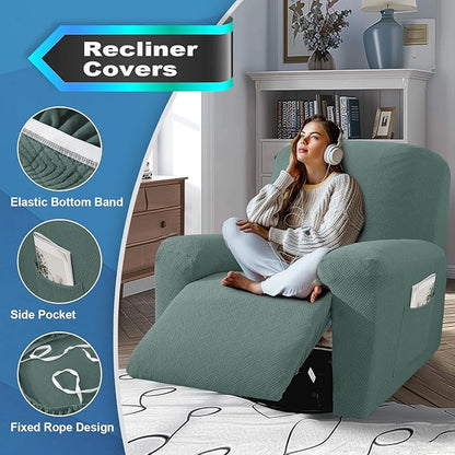 JIVINER 3 Piece Oversized Recliner Covers for Large Recliner with Pockets Stretch Jacquard Lazy Boy Reclining Couch Cover Soft Furniture Couch Protector with Elastic Bottom (1 Seater-XL, Pea Green)