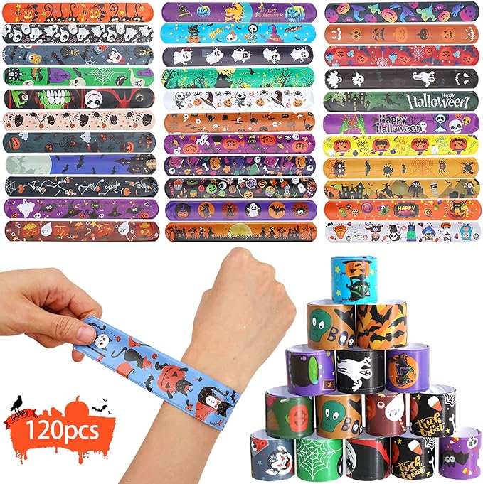 120 Pcs Friendship Bracelets Halloween Slap Bracelets Party Favors for Kids - 60 Different Design Bracelets Halloween Party Supplies and Decorations Snap Bracelets with Halloween Classies Pattern