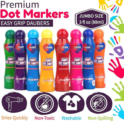 J MARK Jumbo Washable Dot Markers for Toddlers –Dabbers (3 Oz each) with Educational Activity Book – Dot Markers Washable -Easy Grip Bingo Daubers for kids, Arts Crafts Dot Markers for Kids