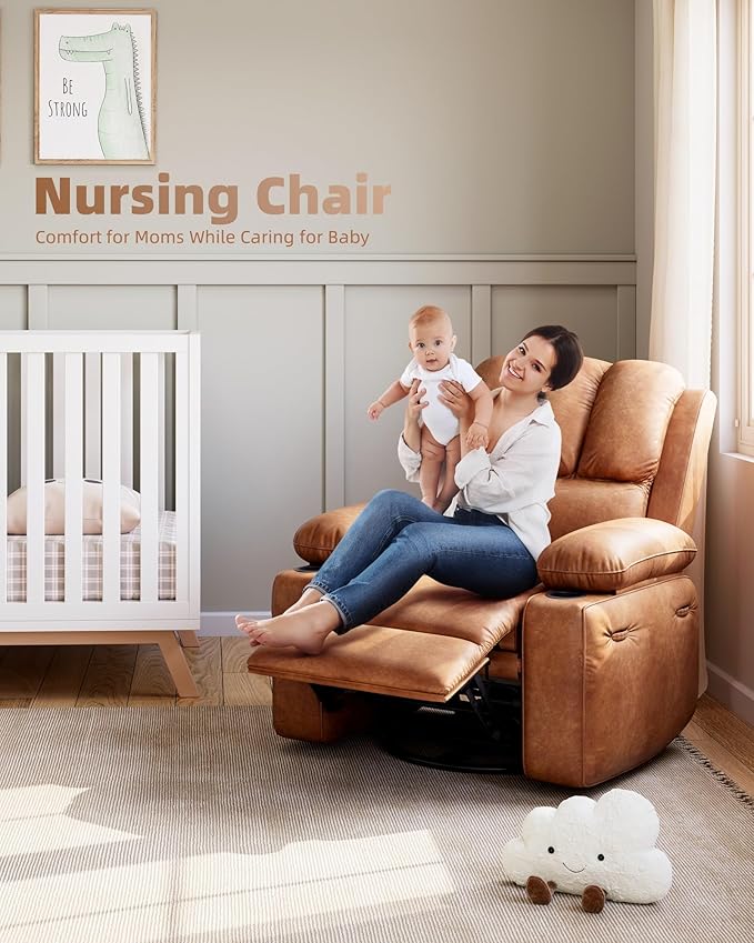 22'' Leather Recliner Chair for Adults, Overstuffed Manual Recliner Chair, Single Sofa with Cup Holder and Side Pockets, Upholstered Chair for Living Rooms, Vintage Leather