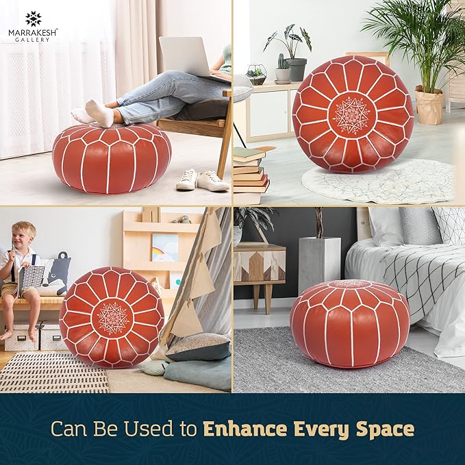 Marrakesh Gallery Genuine Leather Round Pouf Unstuffed - Moroccan Ottoman Footstool, Footrest Cover - Boho Decor - Bohemian Living Room, Bedroom, Kids Room, Gift & Wedding
