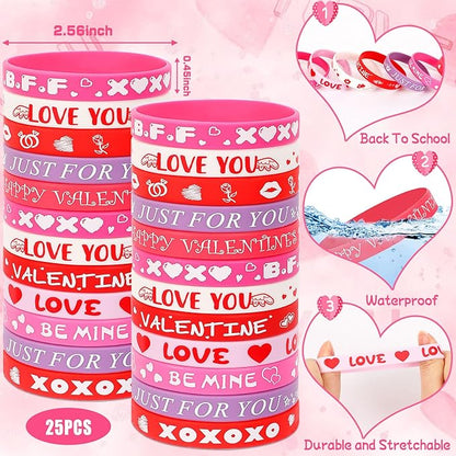 JUNEBRUSHS 50Pcs Valentines Day Party Favors Slap Bracelets Rubber Bracelets, Assorted Silicone Wristbands Snap Bracelets Valentines School Classroom Gifts Valentines Day Goodie Bag Stuffers