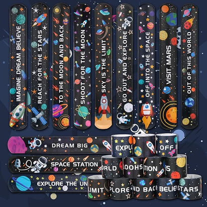 144 Pieces Space Slap Bracelets Astronaut Planet Rocket Space Ship Wristbands Bracelets Fun Words Printed Slap Bracelets Wristband for Party Favor Gifts School Classroom Prize Exchange,12 Styles