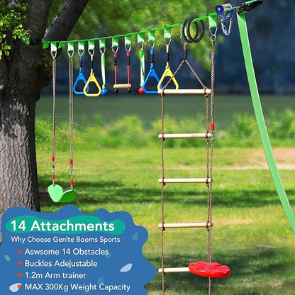 2-in-1 Ninja Warrior Obstacle Course with Zip Line for Kids & Adults, Transformable Backyard Slackline Kit, Outdoor Play Set with Swing, Climbing Obstacles & Flying Seat, Easy Setup, Heavy Duty