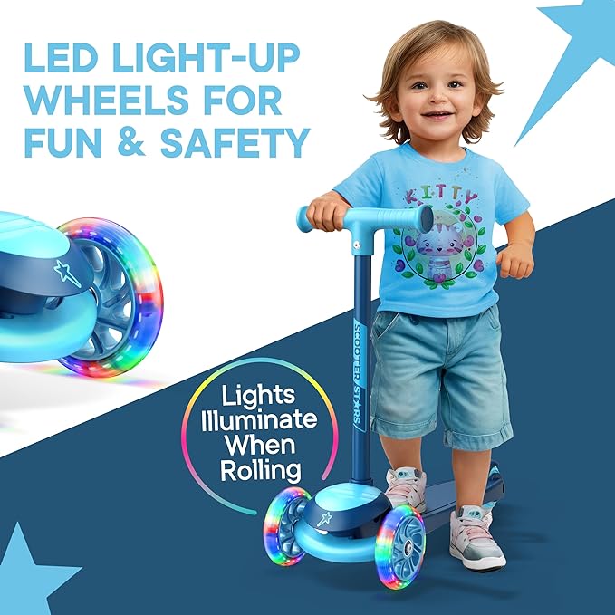 3 Wheel Scooter for Kids, Smooth Light Up LED Front Wheels, Wide Anti Slip Deck, Rear Foot Brake, Easy Lean to Steer Maneuvering, Indoor & Outdoor Ride On Toys for Ages 2 Up,