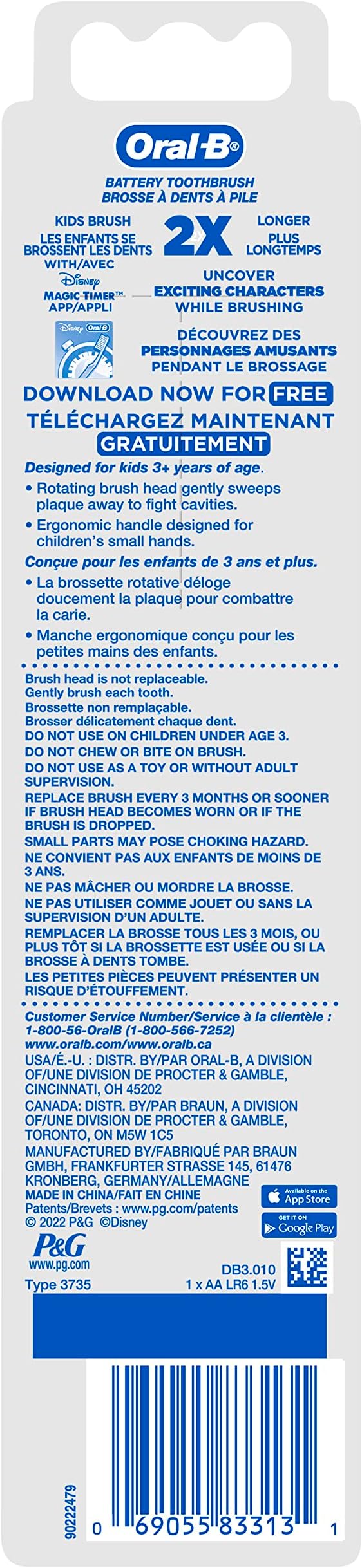 Oral-B Kid's Battery Toothbrush Featuring Disney's Princess Characters, Soft Bristles, for Kids 3+ (Pack of 2)