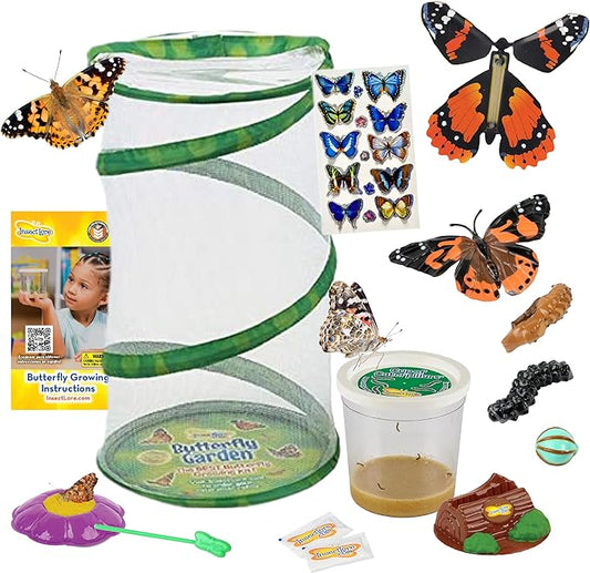 Insect Lore Butterfly Garden - 8" Habitat | 1 Cup of Live Baby Caterpillars | Life Cycle Figurines, Stickers, Wind up, Mini Habitat | Birthday or Teacher Gift Set