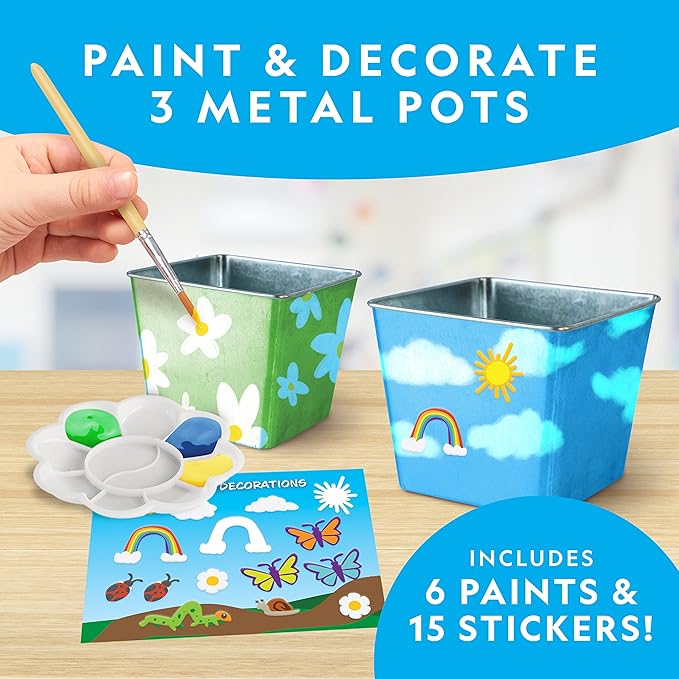 National Geographic Flower & Herb Gardening Kit for Kids - Kids Gardening Set with 3 Stainless Steel Pots, Paint & Stickers, Outdoor Toys, Craft Kits, Kids Plant Growing Kit (Amazon Exclusive)