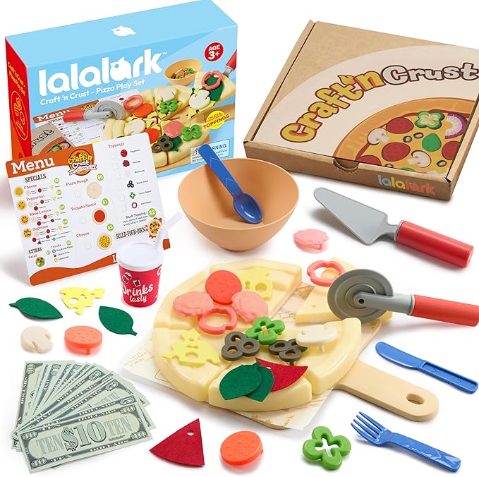 Play Food Toddler Toy - Pizza Toy with 18 Toppings - Pretend Cutting Food for Kids - Craft 'n Crust - Interactive Check Out - Play Money - Cooking Kitchen Accessories for Boys and Girls