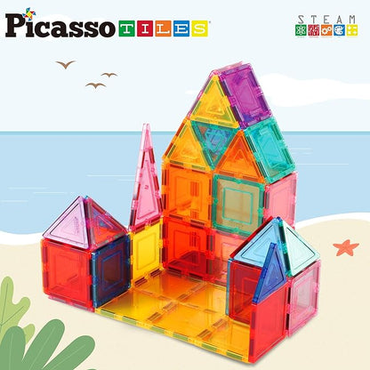 PicassoTiles Magnet Tile Building Block Set Magnetic Construction Square Triangle Tiles Toy Kit Sparking Creativity Geometric Shapes STEM Educational Learning Brain Development Kids Ages 3+ PB36