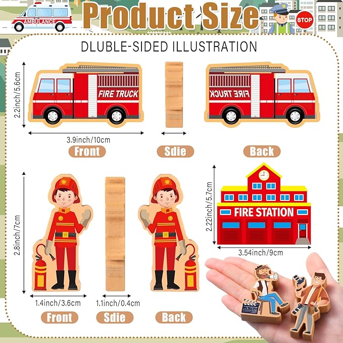 Blosssound 81 Pcs Wooden Community Helpers Toys Wooden Car Town Set Wood People Figures Multicultural Career Wood Blocks for Preschool Classroom Diversity Play Games Educational Activity Supplies