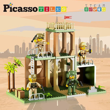 PicassoTiles Magnet Tile Building Brick Blocks Military Combat Force Theme Magnetic Tiles Construction Block Playset 4 Character Action Figures with Weapons Interlocking Bricks STEM Toy Ages 3+ PTL18