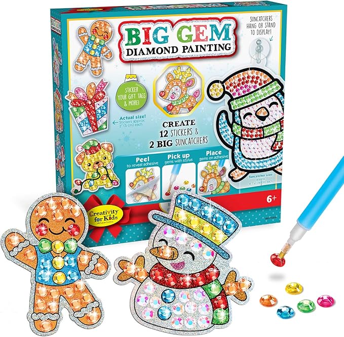 Creativity for Kids Big Gem Diamond Painting Kit: Holiday Stickers and Suncatchers - Diamond Painting Kits and Christmas Gifts, Christmas Crafts for Girls and Boys, Kids Gifts for Ages 6-8+