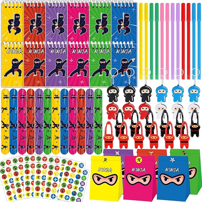 84pcs Karate Party Favor Colorful Karate Paper Bag Notepad Pen Slap Bracelets Key Chain TPR Stretchy Flying Toys Stickers Karate Party Supplies for Boys Girls Birthday Classroom Activities Party Kits