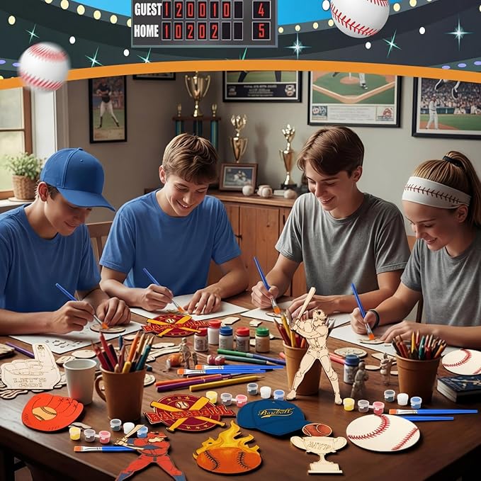 Saypacck 24 Pcs Baseball Party Favors Wooden Painting Craft Kits Birthday Party Supplies with Organza Bag for Goodie Bags Fillers Adult Thank You Gifts