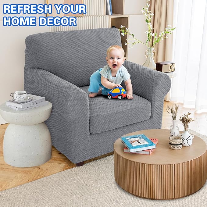 MAXIJIN 2 Piece Jacquard Chair Covers with Arms Super Stretch Non Slip Chair Slipcover for Living Room Dogs Pet Friendly Elastic Sofa Couch Protector Armchair Cover (Chair, Light Gray)