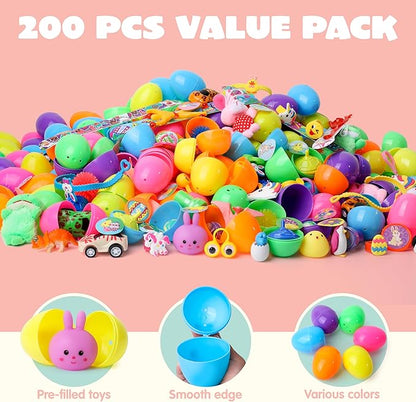 JOYIN 200Pcs Prefilled Easter Eggs with Assorted Toys Plus Stickers Inside, Easter Eggs Filled for Kids, Basket Stuffers, Egg Hunt, Party Favors, Classroom Prize Supplies