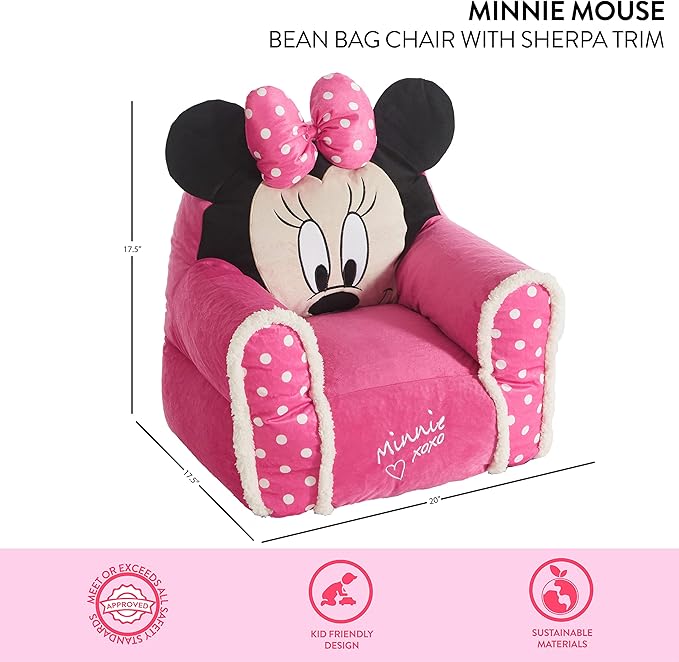 Idea Nuova Minnie Mouse Figural Sherpa Trim Bean Bag Chair, Small, Pink
