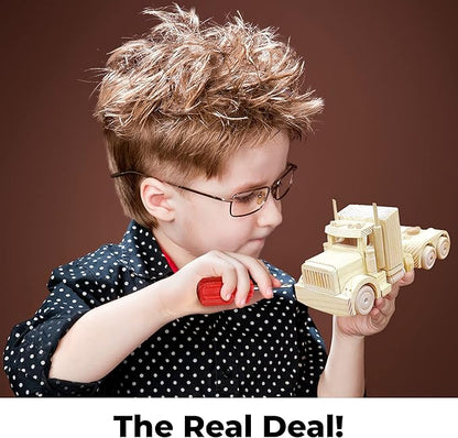 Kraftic Woodworking Building Kit for Kids and Adults, 3 Educational DIY Carpentry Construction Wood Model Kit Toy Projects for Boys and Girls - Build a Wooden Military Jet Race Car and Tractor Trailer