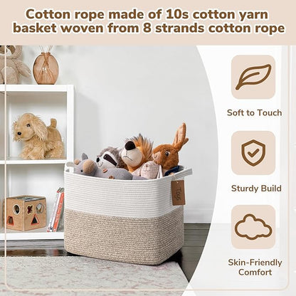Goodpick Woven Storage Baskets for Organizing, Blanket Basket Living Room, Rope Baskets for Storage, Rectangle Toy Basket With Handles, Brown and White, 18 x 14 x 12 Inches