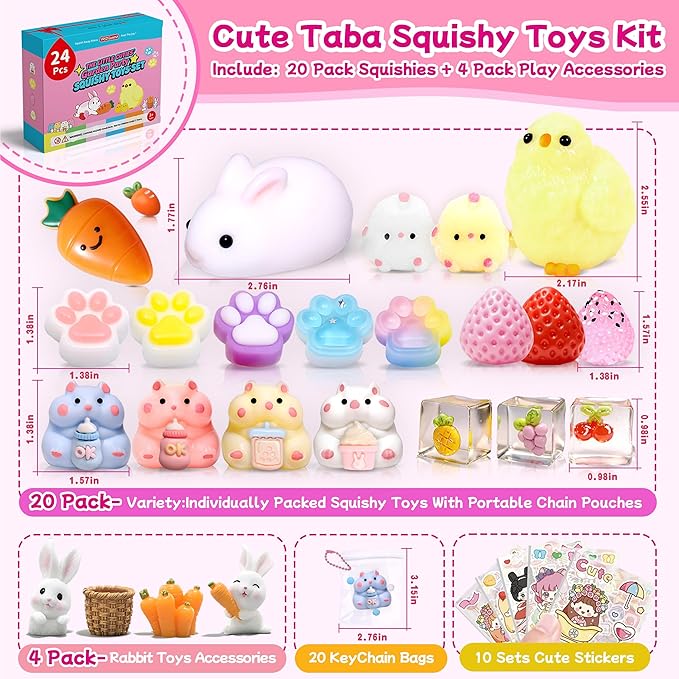 24Pack Taba Squishy Toys kit- Squishy Fidget Squeeze Toys Party Favors for Kids 8-12-Kawaii Stress Balls for Kids- Taba Squishies Stress Relief Toys for Girls 8-10-6-9 Years Old Girls Birthday Gifts