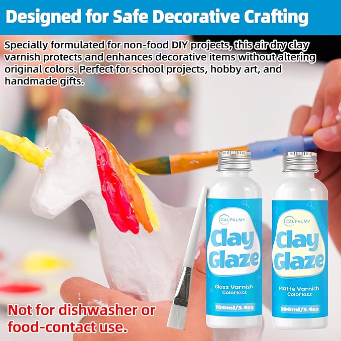 CALPALMY 2 x 100ml Clay Glaze Kit - Varnish Sealant for Pottery, Crafts, Polymer Clay, Acrylic Paint - Waterproof, Scratch-Resistant Clear Gloss for Air Dry Clay (Gloss+Matte)