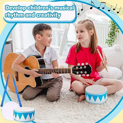 Kids Drum Set 7.87 in Wooden Toy Drum with Adjustable Strap 2 Drumsticks Educational Sensory Musical Instrument Set for Toddlers Kids Baby Toy Gift(Blue Triangle Style)