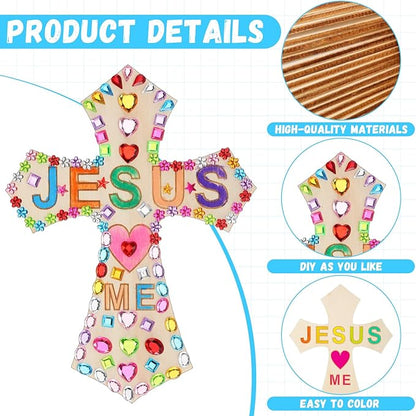 PullCrease Easter DIY Wood Cross Crafts for Kids Religious Craft Kit Sunday School Vacation Bible School Supplies 24 Pack Wooden Cross with Stickers 1 Set Paint(Stylish Style)