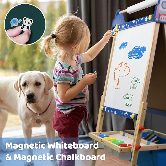 Joyooss Art Easel for Kids, Adjustable Standing Kids Easel with Magnetic Whteboard & Chalkboard, Magnetic Board for Kids Art Easel Kids with 2 Paper Rolls, Finger Paints, Letters & Numbers Magnets